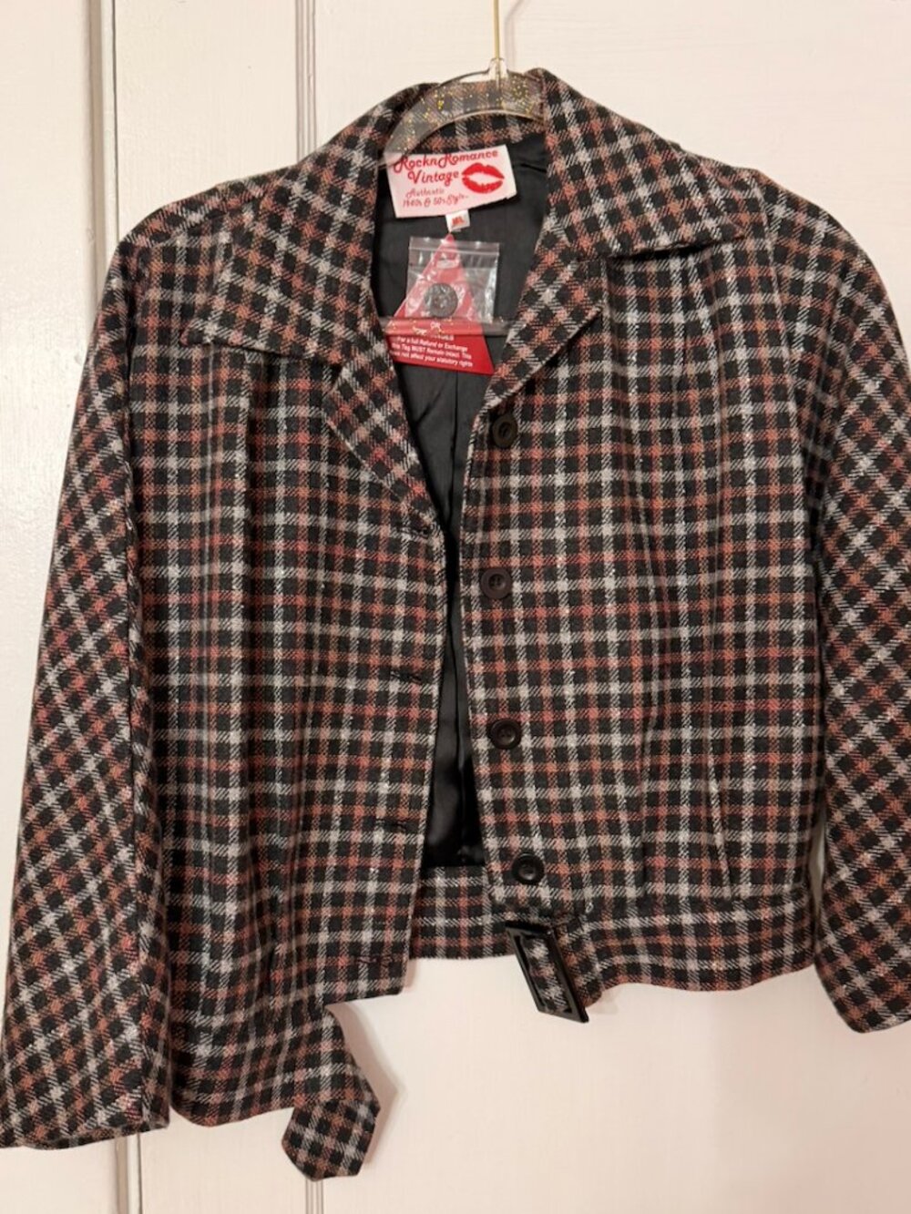 NWT Rock N Romance Be-Bop Semi-Cropped Jacket in Black & Red Plaid 3/4 Sleeve